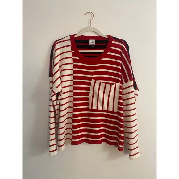 Cabi Red, Black & Cream Striped Long Sleeve Sweater With Pockets Size L - Picture 1 of 5